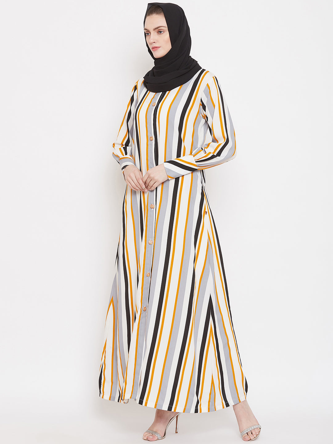 Nabia Women Yellow Front Open Striped Abaya with Georgette Scarf