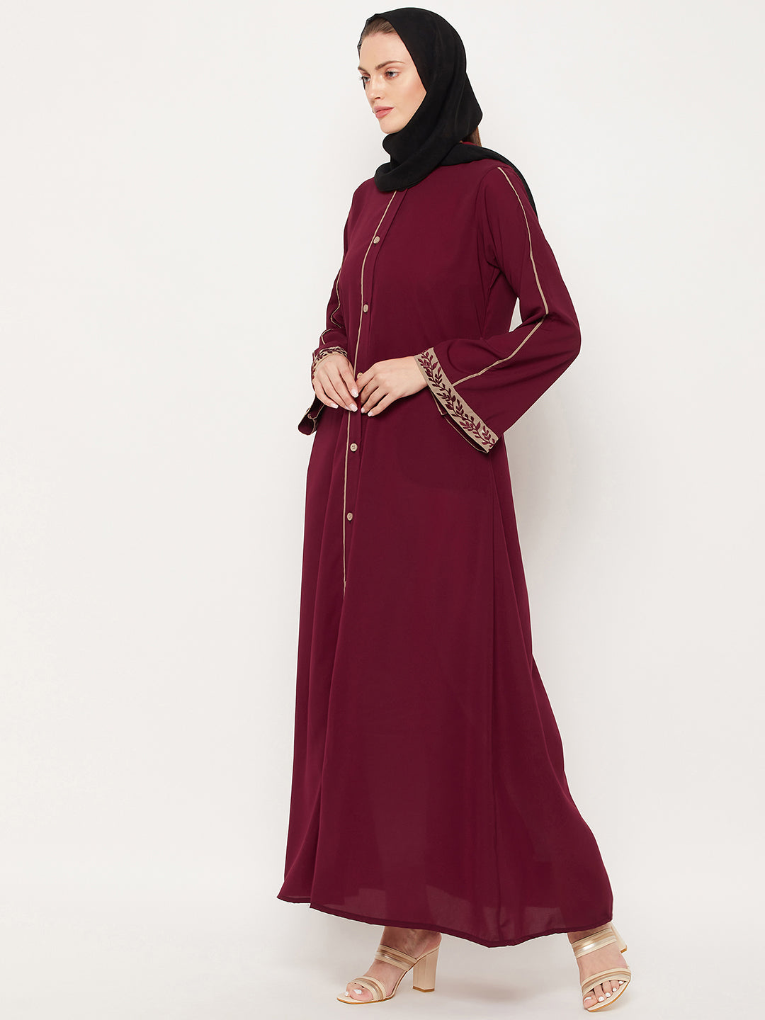 Nabia Maroon Front Open Embroidery Work Women Abaya with Georgette Scarf