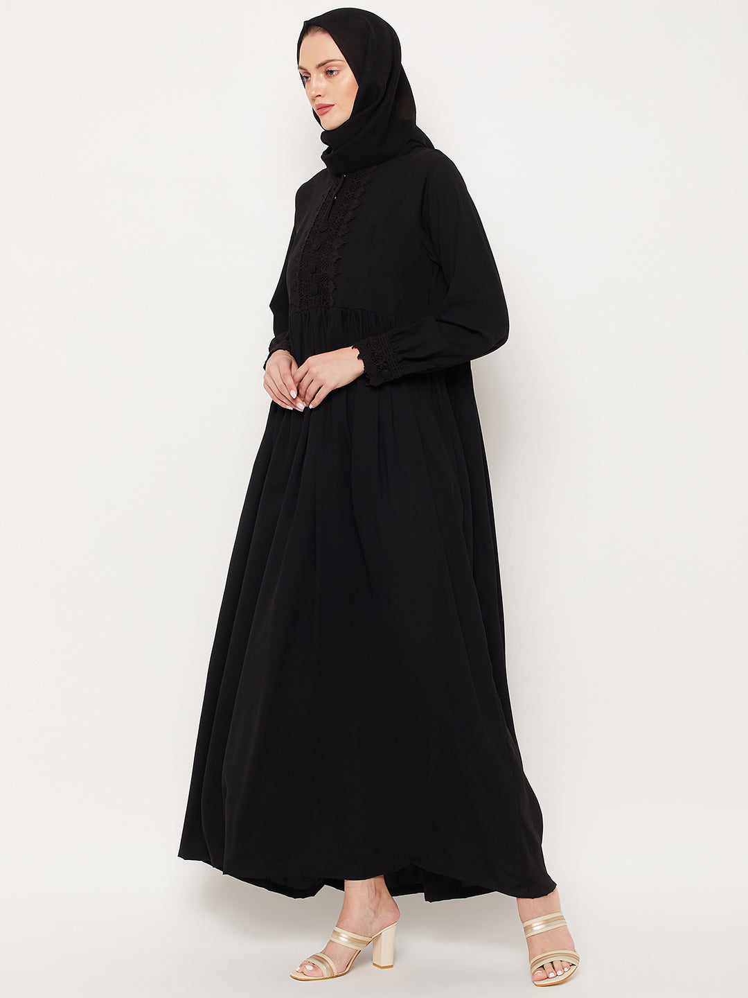 Nabia Black Lace Nida Matte Women Abaya With Georgette Scarf