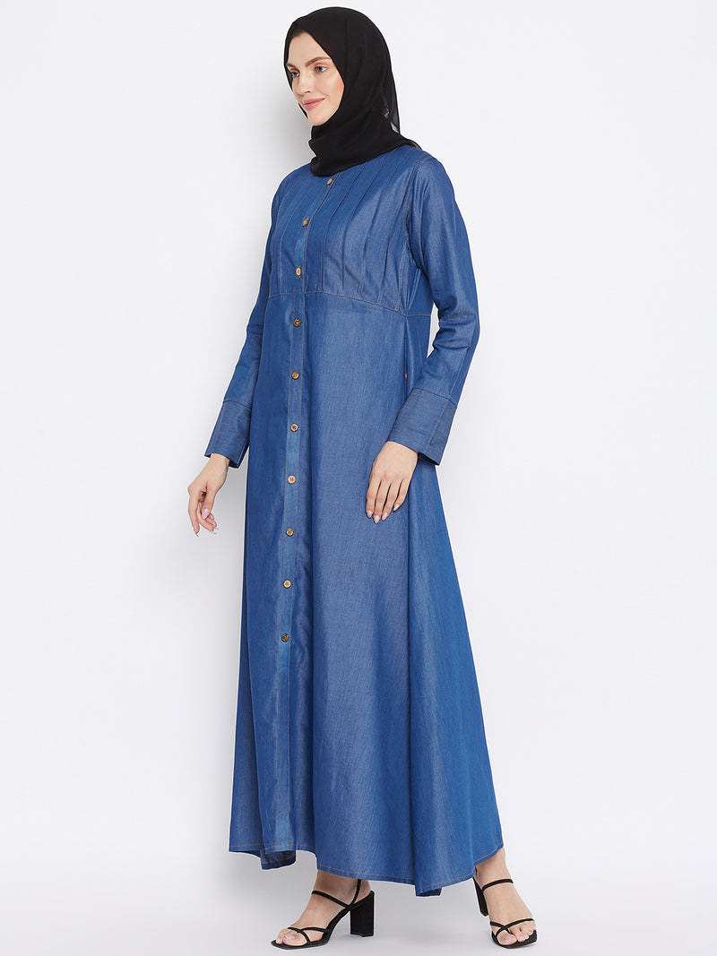 Nabia Women Blue Solid Denim Abaya With Georgette Scarf