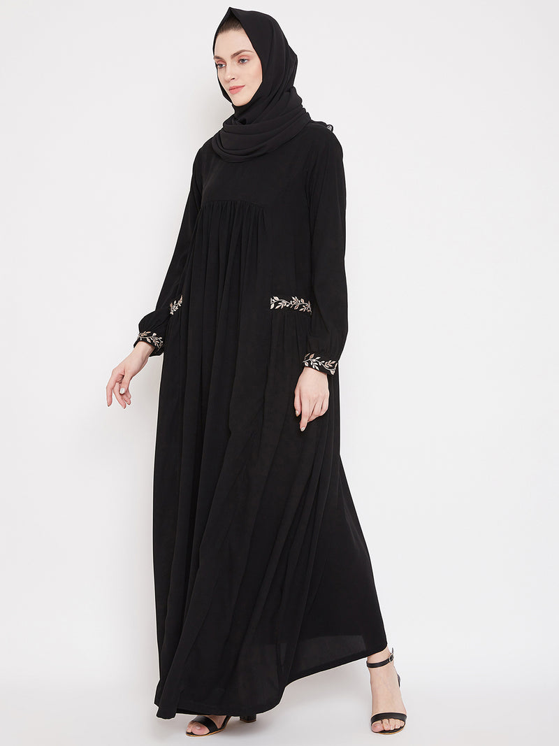 Nabia  Women Black Pocket Embroidery Nida Matte Fabric  Abaya with Georgette Scarf