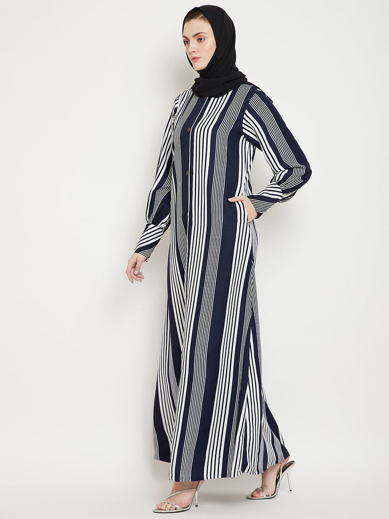 Nabia Women Blue Front Open Striped Crepe Fabric Abaya With Georgette Scarf