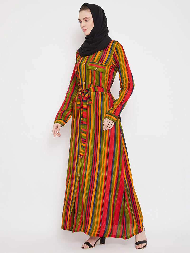 Nabia Women Multi Striped Fabric Rayon Front Open Abaya With Georgette Scarf