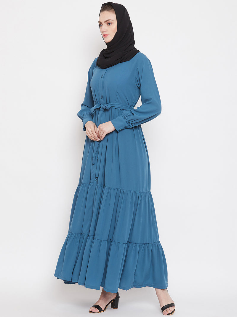 Nabia Women Sky Blue Solid Front Open Three Frilled Abaya  With Georgette Scarf