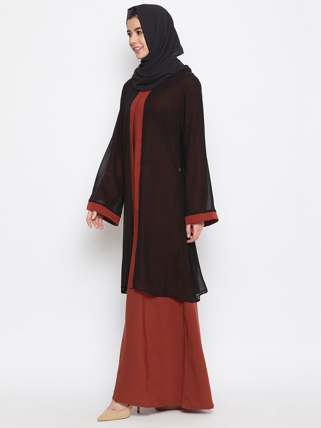 Nabia Women Black & Rust Shrug Attached Nida Matte Abaya With Georgette Scarf