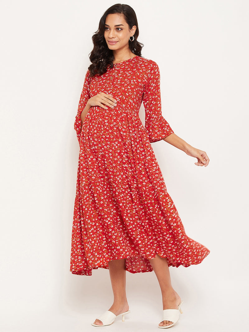 Red Floral Printed Maternity Dress for Women