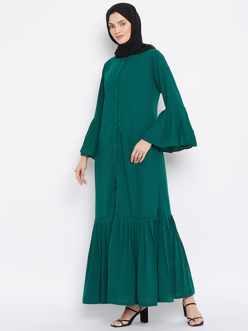 Nabia Women Bottle Green Solid Nida Plated Front Open Abaya With Georgette Scarf
