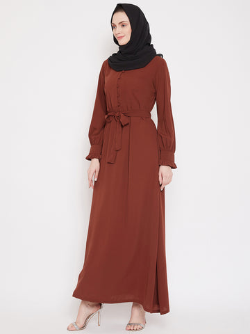 Nabia Women Rust Solid Nida Matte Fabric Abaya With Georgette Scarf