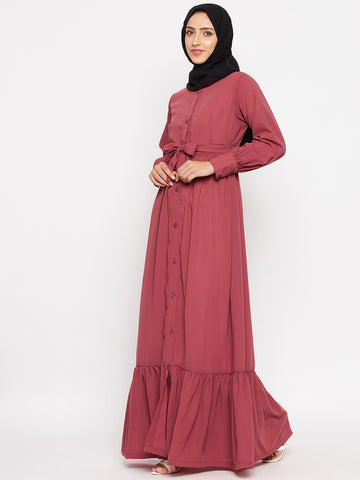 Nabia  Women Rust Front Open Nida Matte Abaya With Georgette Scarf