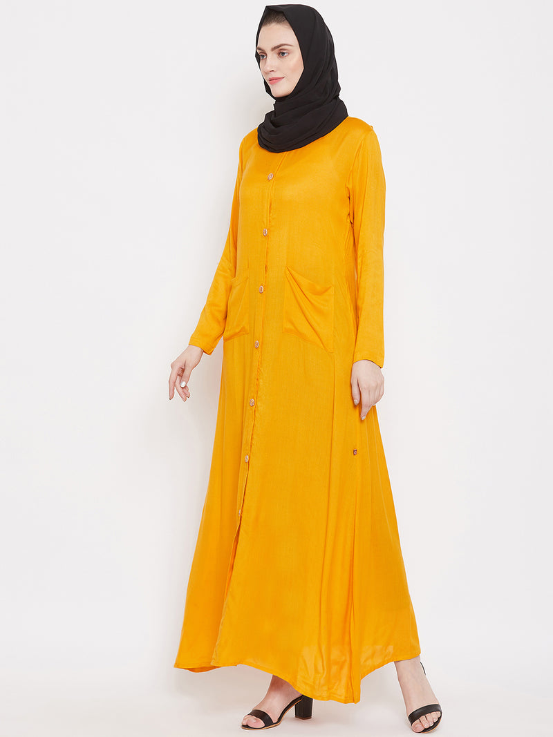 Nabia Women Yellow Rayon Front Open Abaya with Georgette Scarf
