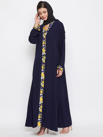 Nabia Women Blue Dubai Style Front Open Nida Matte Fabric Abaya with Georgette Scarf