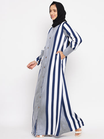 Nabia Women Blue Front Open Striped Abaya With Georgette Scarf
