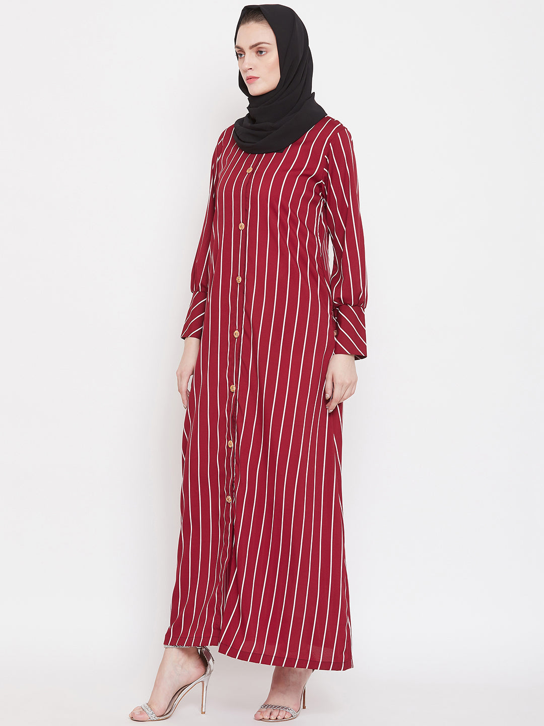 Nabia Women Maroon Front Open Striped Abaya with Georgette Scarf
