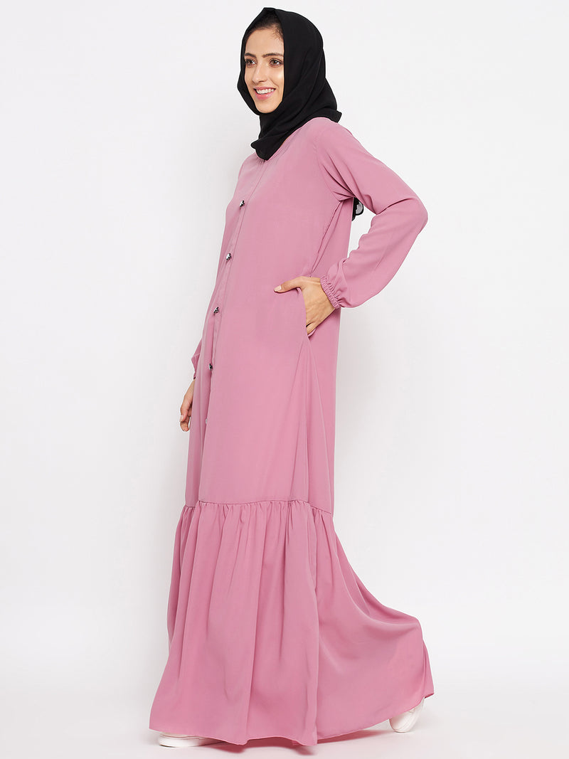 Nabia Women Fuse Pink Solid Frill Abaya With Georgette Scarf