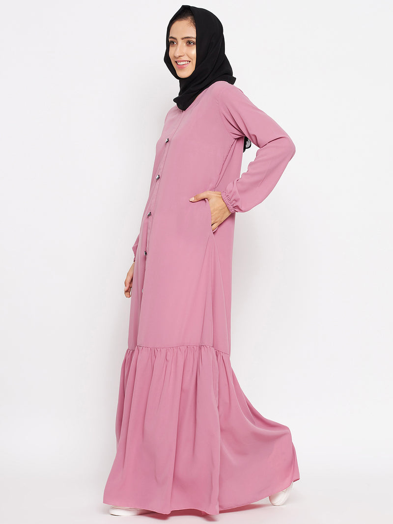 Nabia Women Puce Pink Solid Frill Abaya With Georgette Scarf