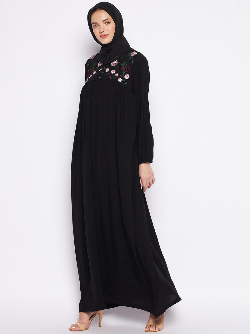 Nabia Black Nida Matte Fabric Embroidery Abaya For Women With Georgette Scarf