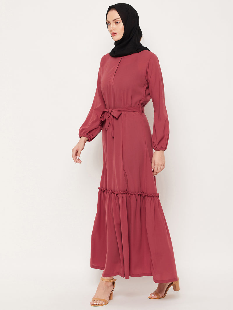 Nabia Rust Nida Matte Fabric Abaya With Georgette Scarf