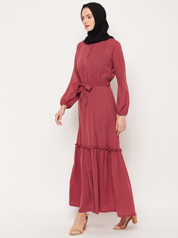 Nabia Rust Nida Matte Fabric Abaya Burqa for Women With Georgette Scarf