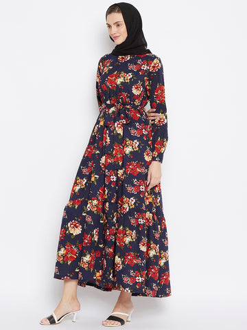 Nabia Women Blue & Red Floral Printed Crepe Two Frill  Abaya Dress With Georgette Scarf