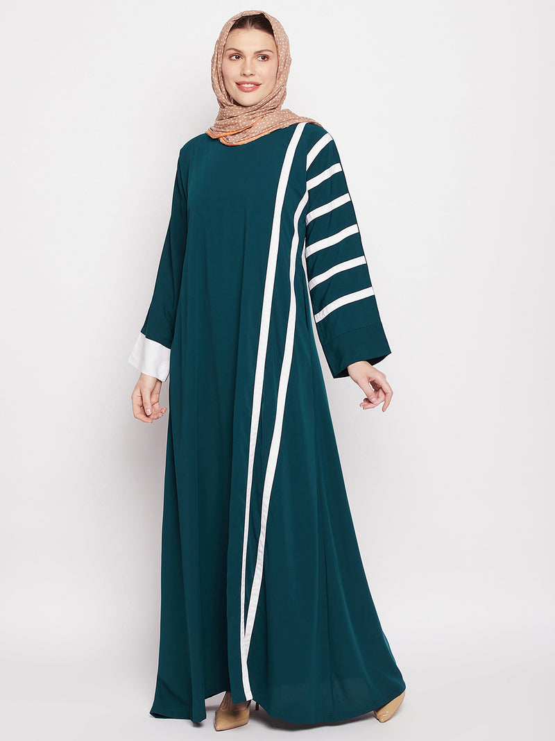 Nabia Women Bottle Green & White Solid A-line Nida Matte Fabric Abaya Burqa With Black Georgette Scarf