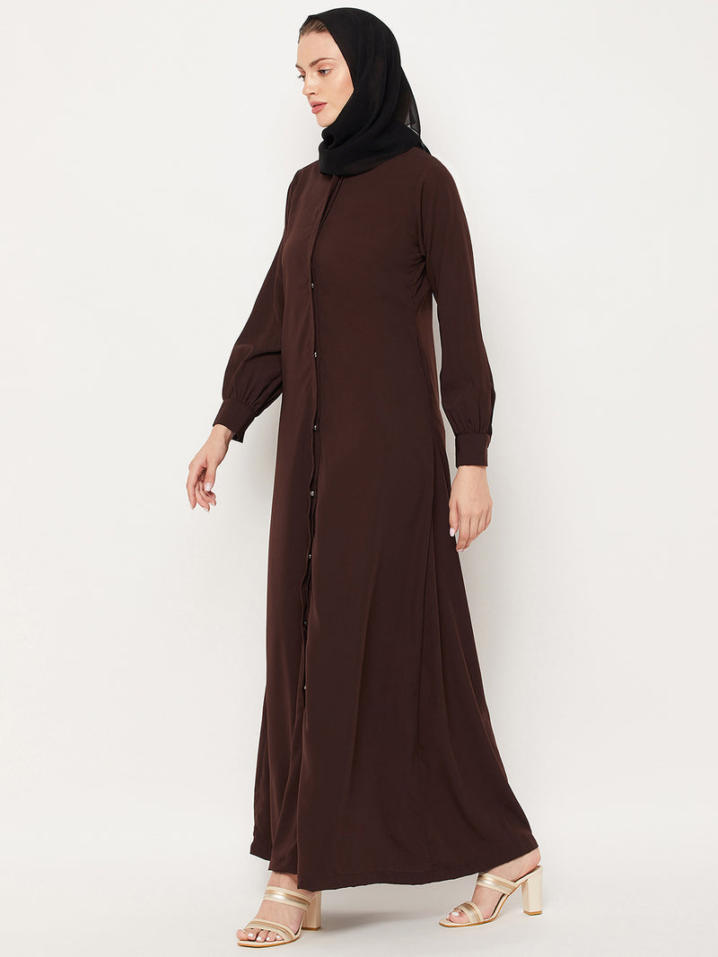 Nabia Brown Nida Mate Fabric Front Open Abaya With Georgette Scarf