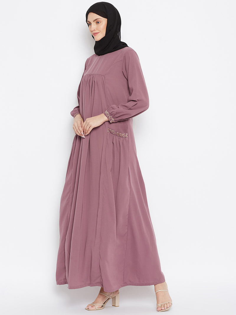 Nabia Women Pink Pocket Embroidery Nida Matte Fabric Abaya with Georgette Scarf