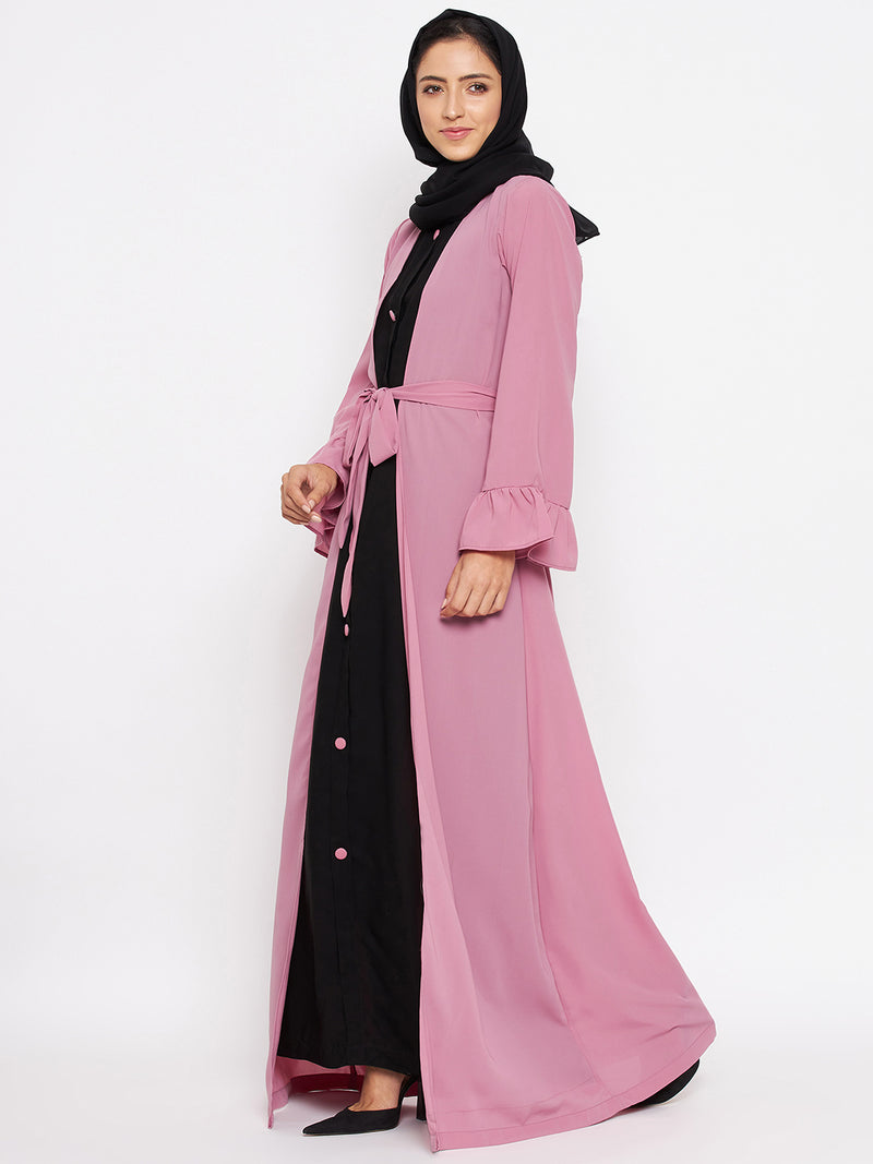 Nabia Women Fuse Pink & Black  Solid Two Color Combination Bell Sleeves Abaya With Georgette Scarf