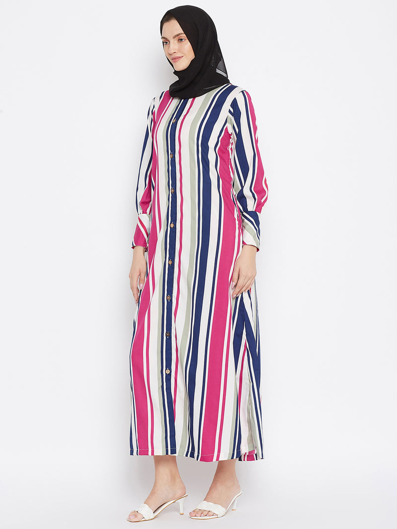 Nabia Women Pink Front Open Striped Abaya With Georgette Scarf