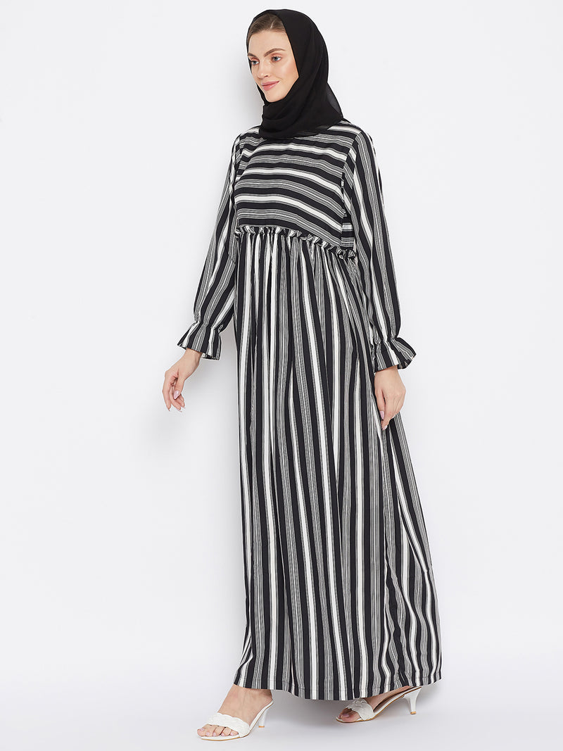 Nabia Women Black Solid Stripe Crepe Abaya Dress With Georgette Scarf