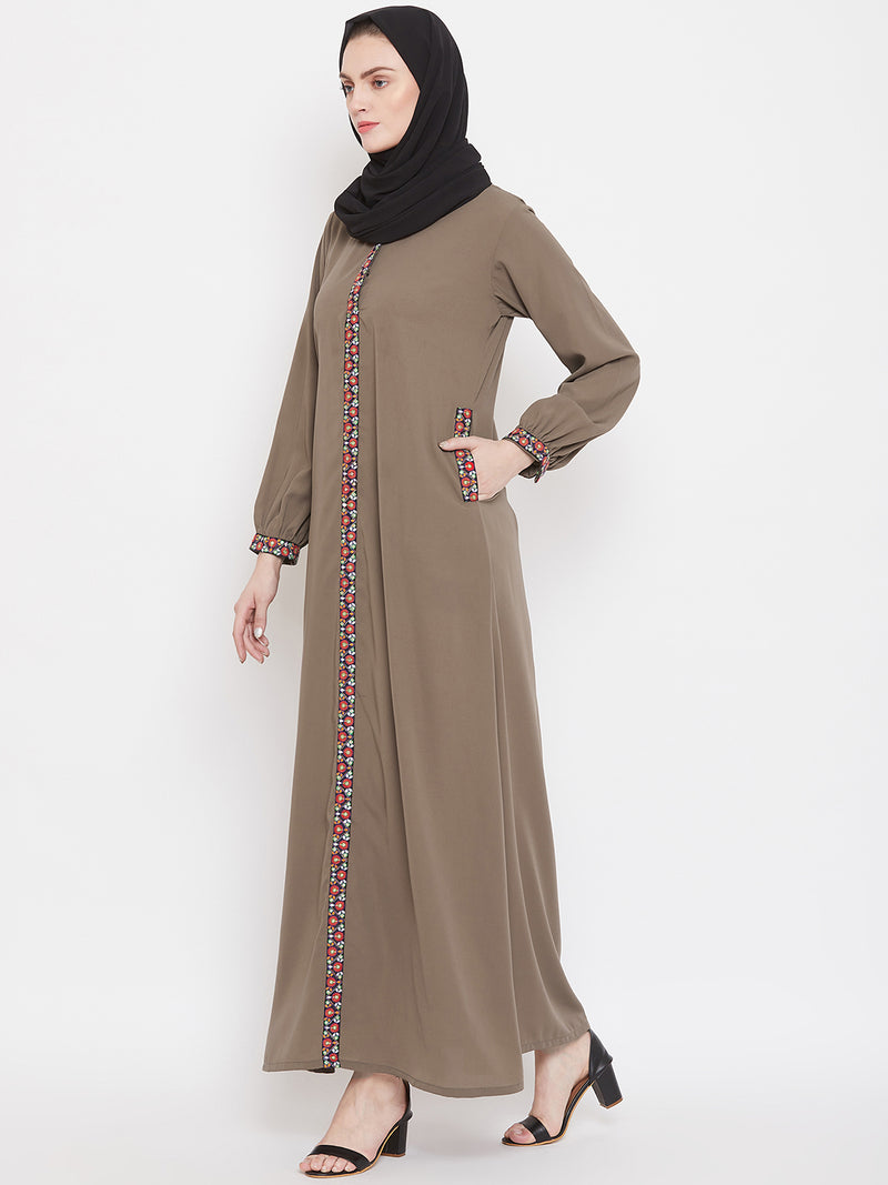 Nabia Women Oat Chikan Hand Embroidery Nida Matte Fabric Abaya with Georgette Scarf