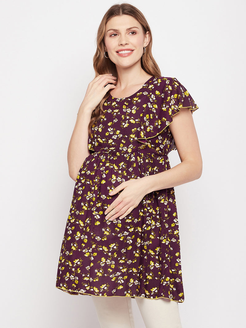 Nabia Women Purple & Yellow Floral Printed Flared Sleeves Maternity & Nursing Dress