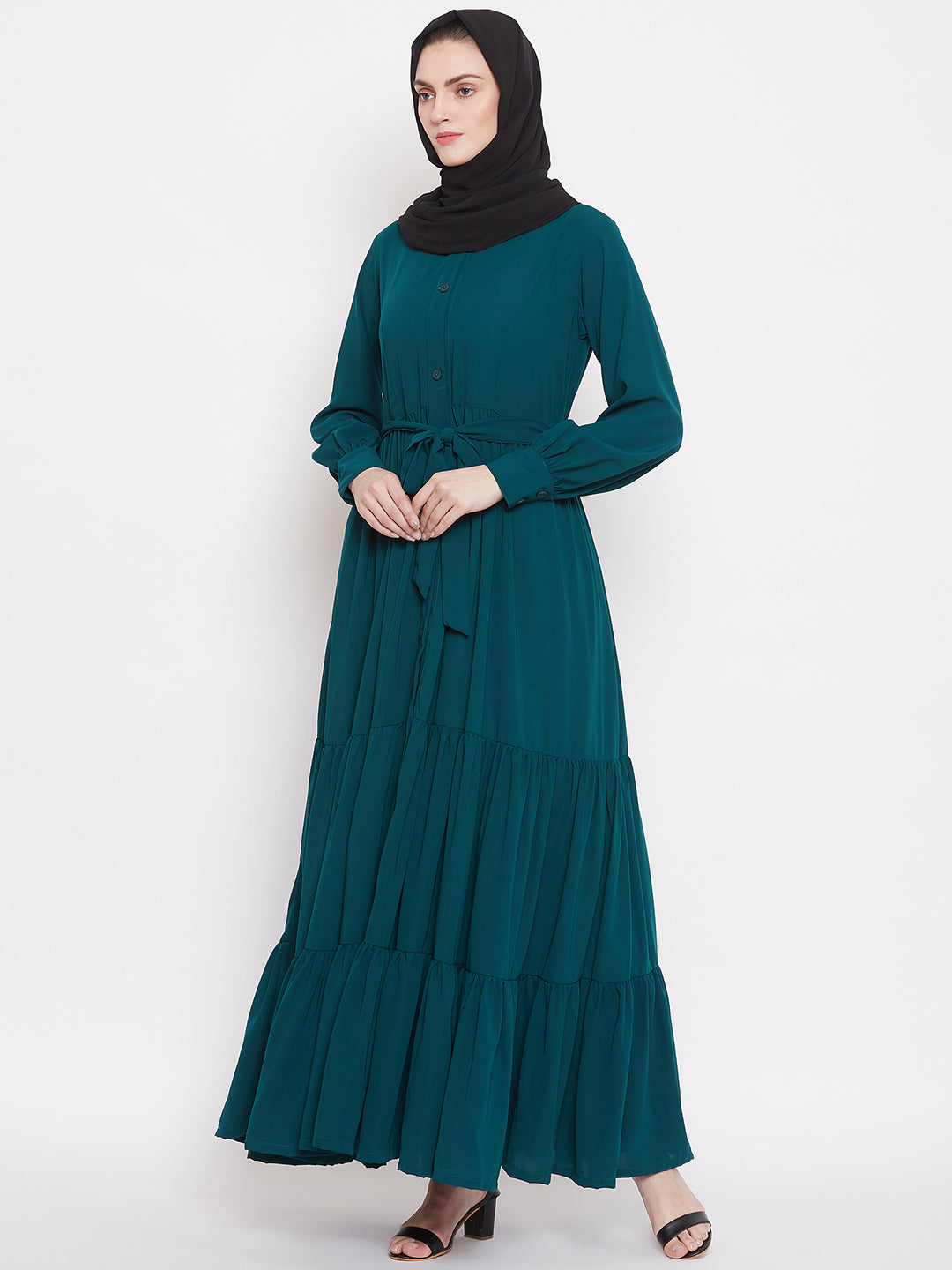 Nabia Women Bottle Green Solid Front Open Three Frilled Abaya  With Georgette Scarf