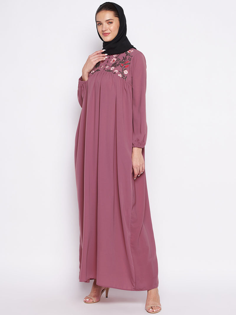 Nabia Puce Pink Nida Matte Fabric Embroidery Abaya For Women With Georgette Scarf