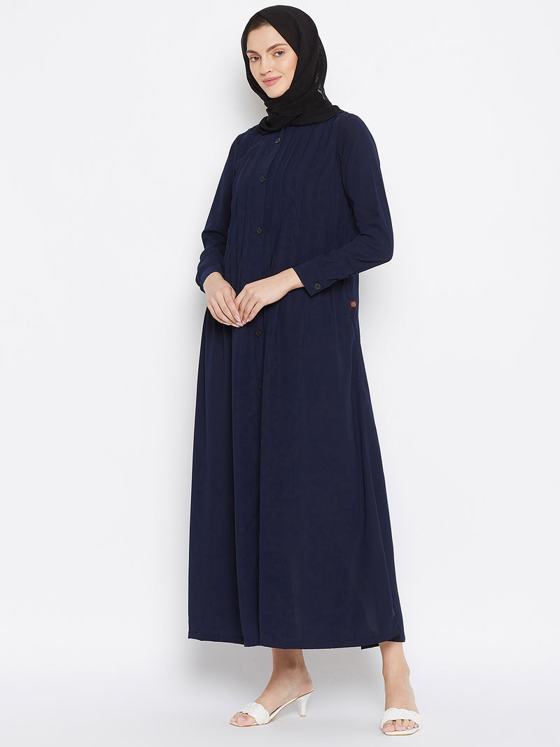 Nabia Women Blue Solid  Nida Matte Front Open Plat Design Abaya With Georgette Scarf
