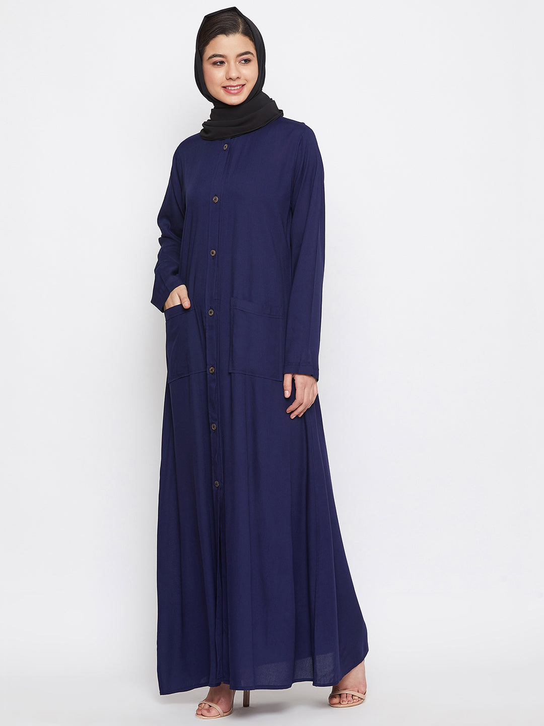 Nabia Women Blue Rayon Front Open Abaya with Georgette Scarf