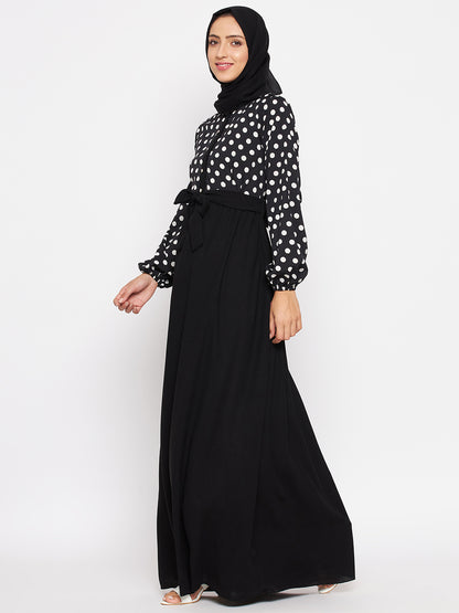 Nabia Women Black & White Polka Dot Printed Abaya With Georgette Scarf