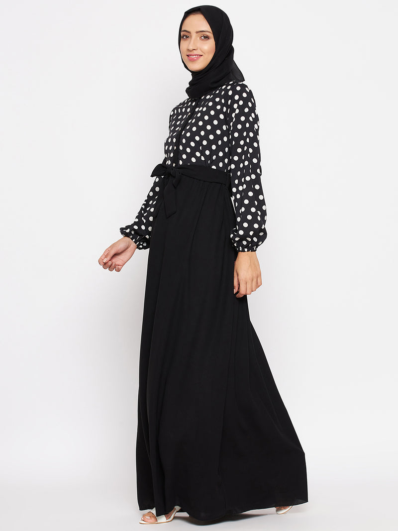 Nabia Women Black & White Polka Dot Printed Abaya With Georgette Scarf
