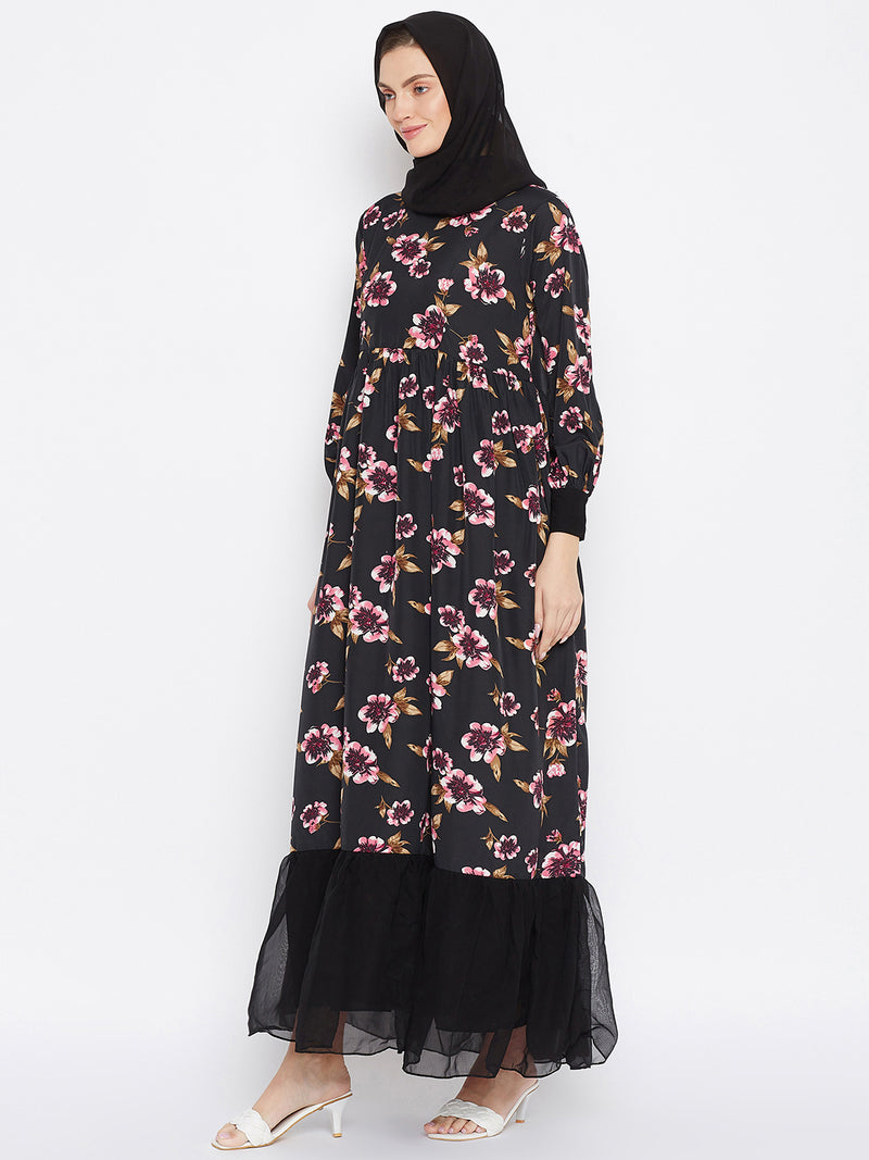 Nabia Women Black Floral Printed Crepe Frill Abaya Dress With Georgette Scarf