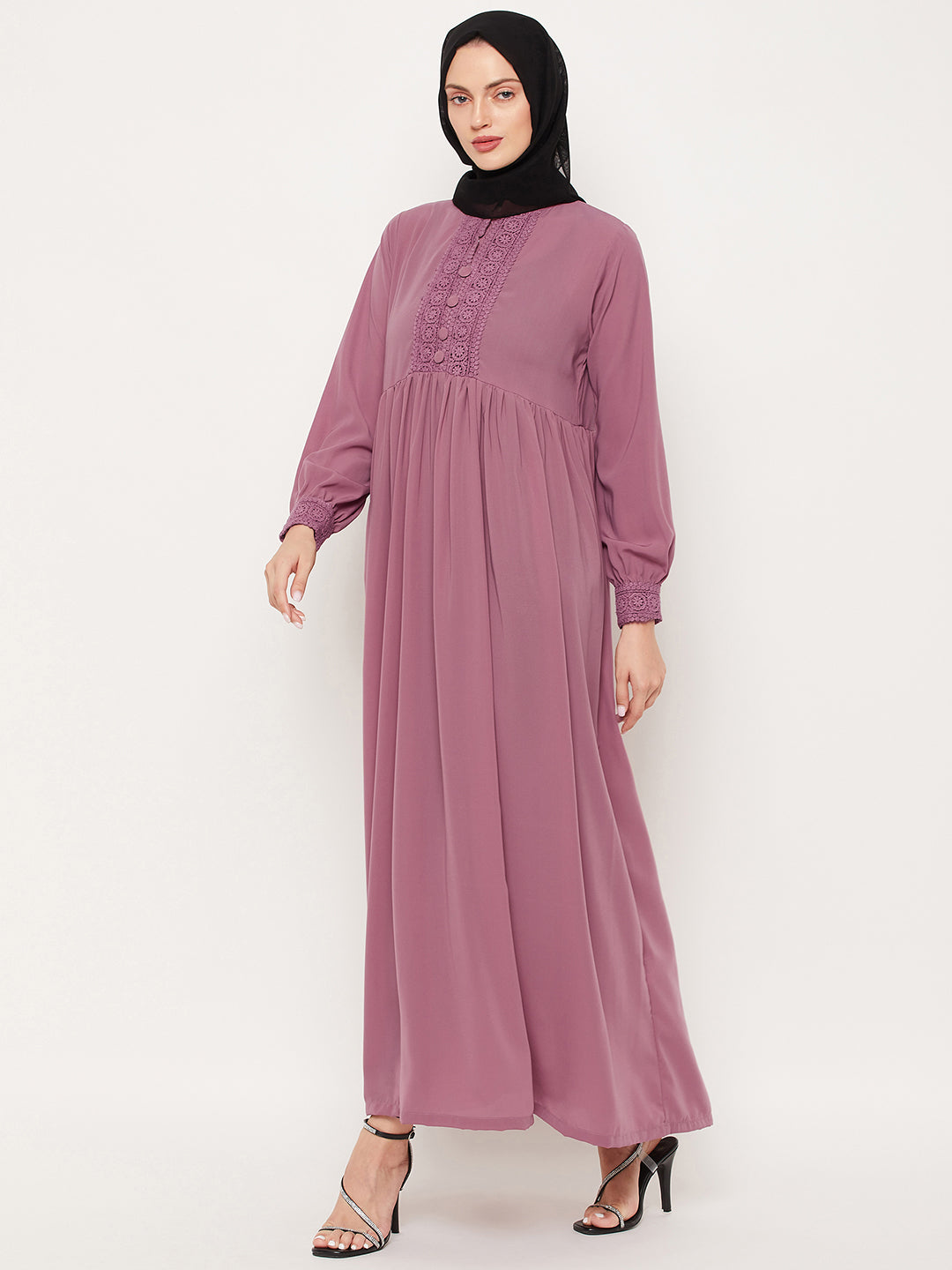 Nabia Puce Pink Lace work Women Abaya with Georgette Scarf