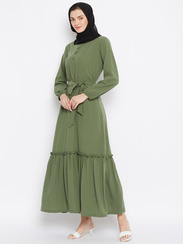 Nabia Women Jade Green Solid Frill Abaya With Georgette Scarf