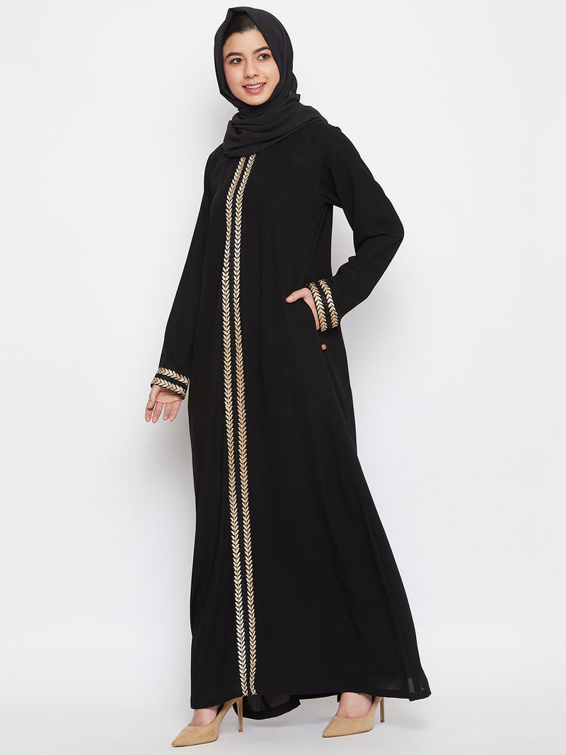 Nabia Women Black Embroidery Nida Matte Fabric Abaya With Georgette Scarf