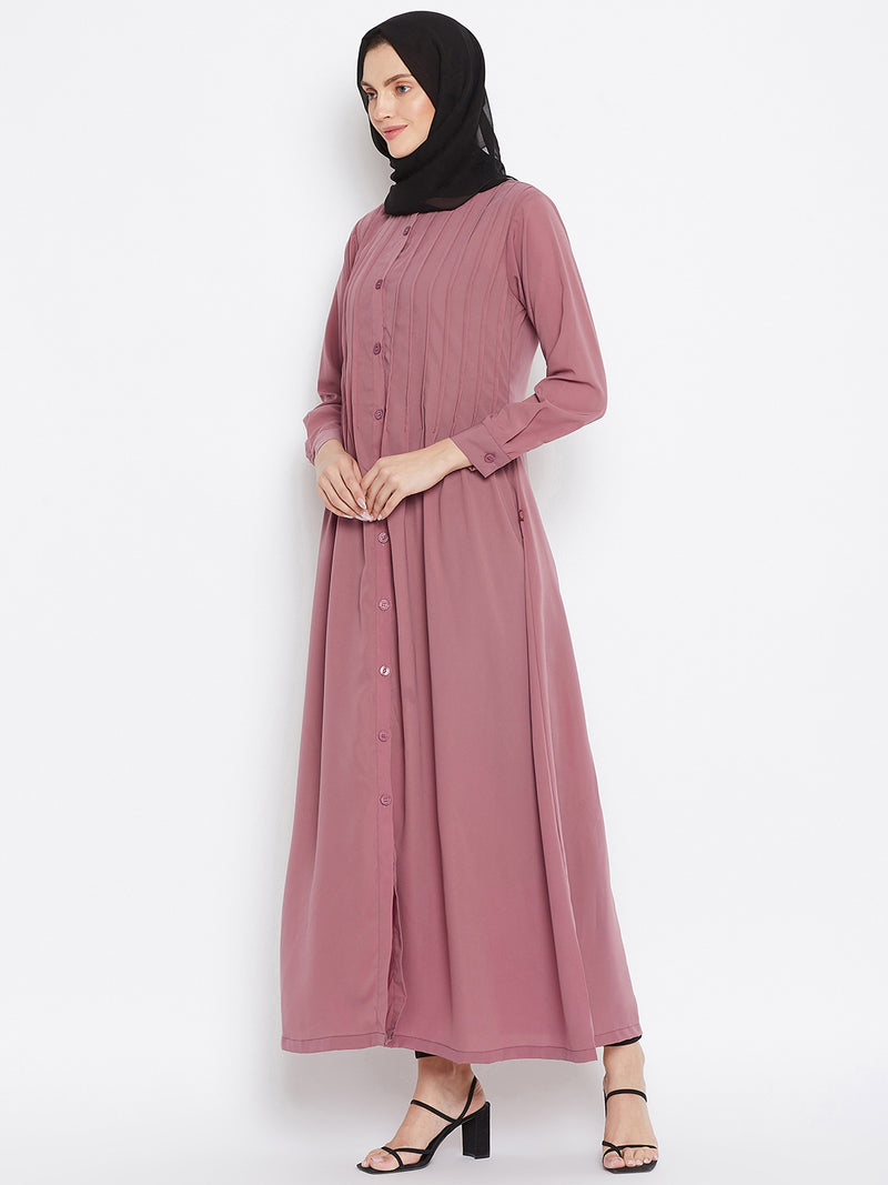 Nabia Women Pink Solid Nida Matte Front Open Plat Design Abaya With Georgette Scarf