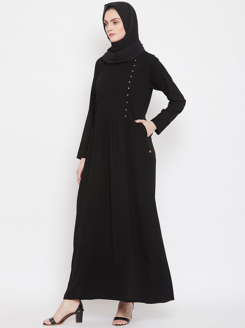 Nabia Women Black Solid Side Plate Abaya Dress With Georgette Scarf