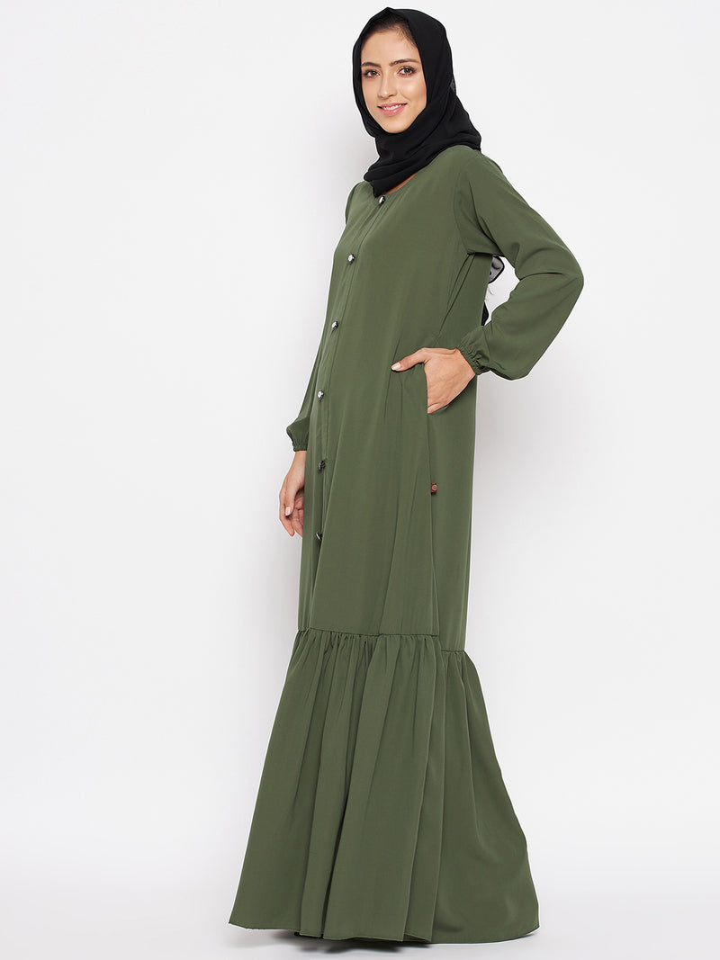 Nabia Women Jade Green Solid Frill Abaya Burqa With Georgette Scarf