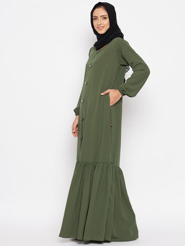 Nabia Women Jade Green Solid Frill Abaya Burqa With Georgette Scarf