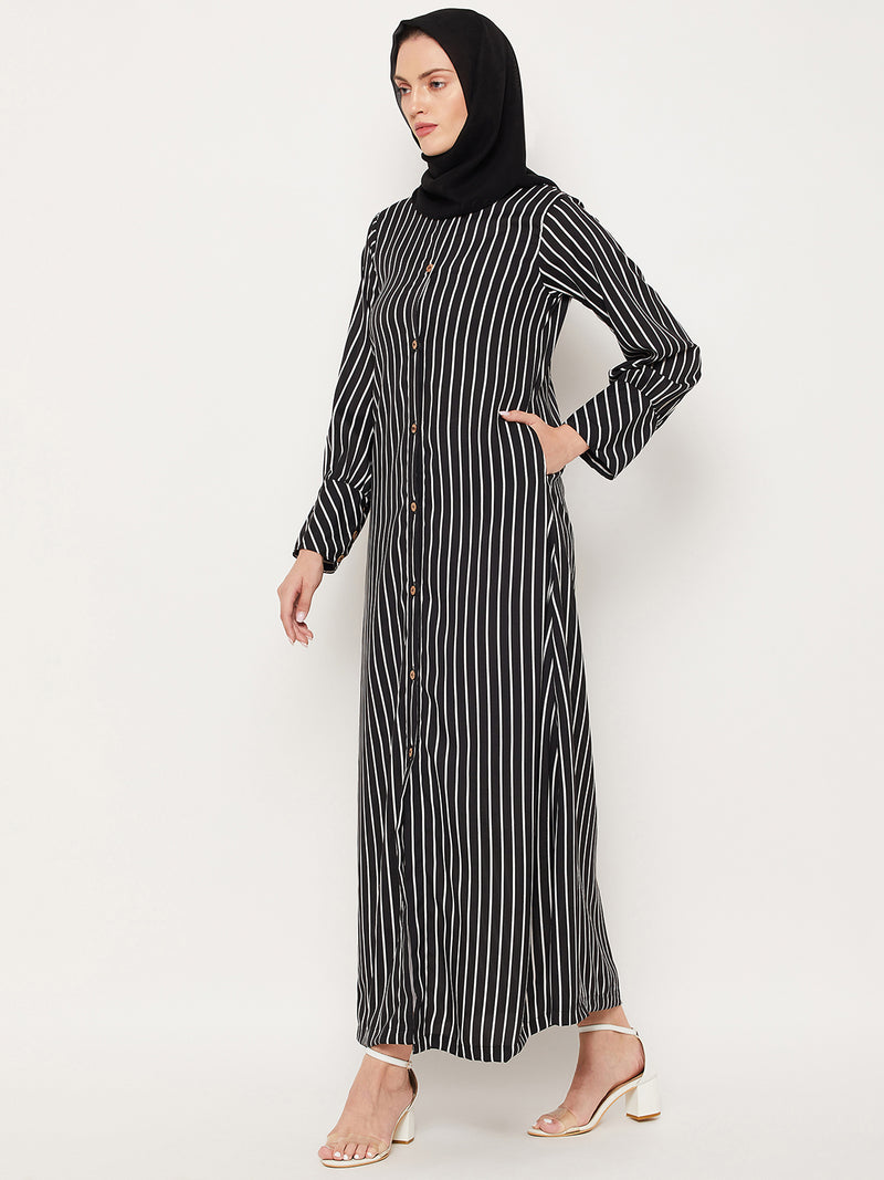 Nabia Black Striped Crape Front Open Women Abaya With Georgette Scarf