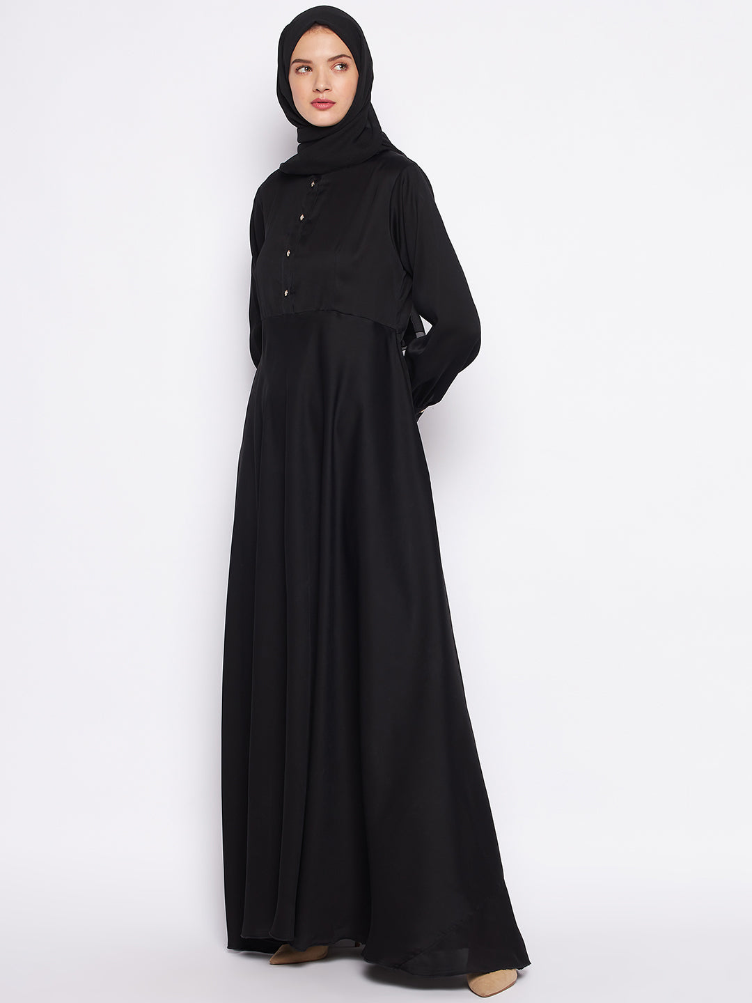 Nabia Black Solid Nida Fabric Abaya For Women with Georgette Scarf