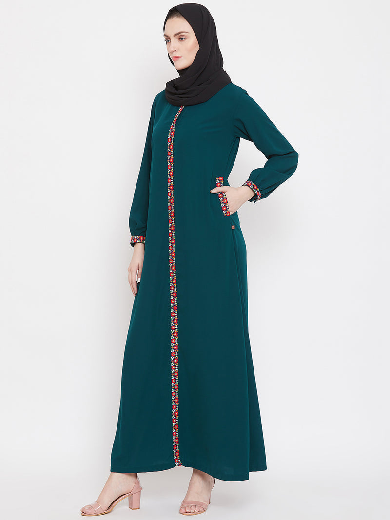Nabia Women Green Chikan Hand Embroidery Nida Matte Fabric Abaya with Georgette Scarf