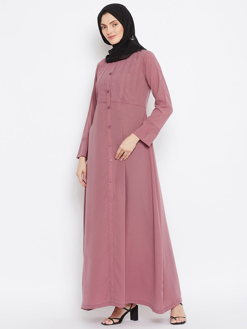 Nabia Women Fuse Pink Solid Yog Plate Abaya Dress With Georgette Scarf