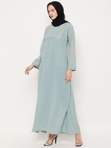 Nabia Sea Green Nida Matte Fabric Embroidery Work Women Abaya With Georgette Scarf
